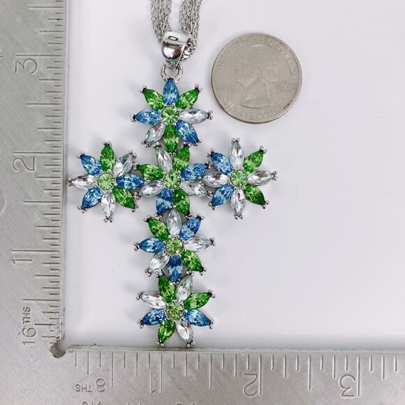 Vintage Large Silver Tone Floral Rhinestone Cross Pendant Necklace Blue Green - Picture 10 of 11